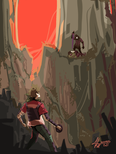 This is a drawing of Tommy during the final battle. He stands in the bottom of a ravine, holding one of his discs. Dream stands over him on a ledge a little higher up, Tubbo collapsed at his feet. Dream is covered head to toe in armor and holds a long sword over Tubbo's body. The sky is red and angry.